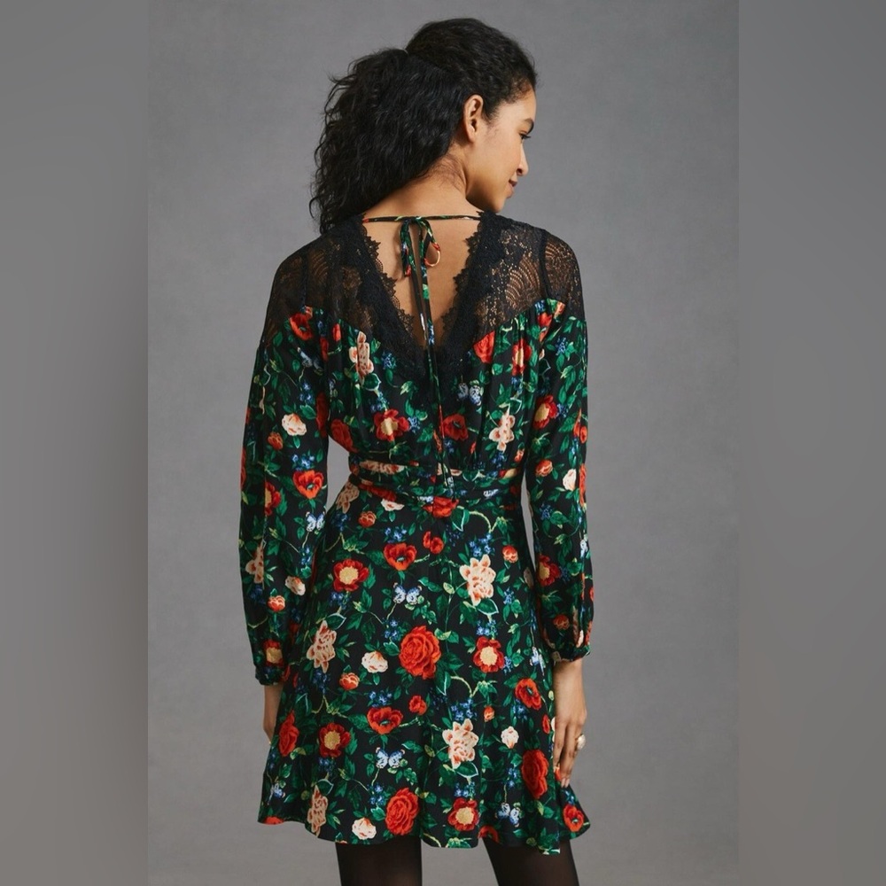 NWOT ANTHROPOLOGIE rose Lace V-Neck Mini long sleeve Dress - Picture 4 of 12